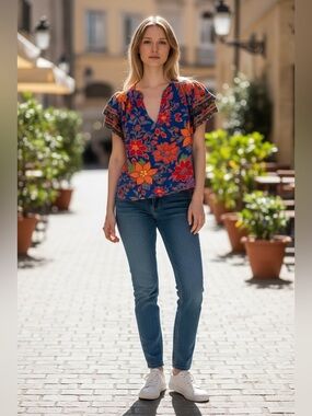 Rachel Zoe Blue Floral V-Neck Blouse with Orange Accents